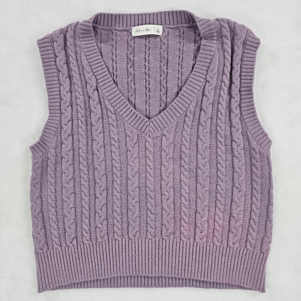 Active USA Purple Cable Knit Sweater Vest V-Neck Sleeveless SW13167 Womens Large